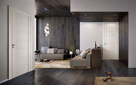 Abbinamento di parquet grigio scuro con porte bianche