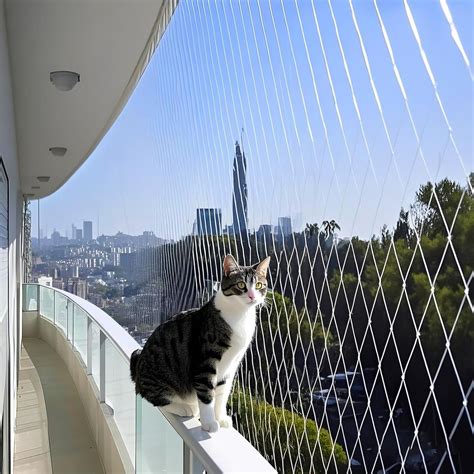 Gatto su un balcone protetto da una rete di sicurezza