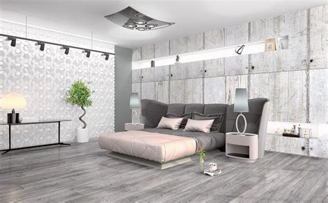 Parquet grigio scuro in una camera da letto con letto bianco